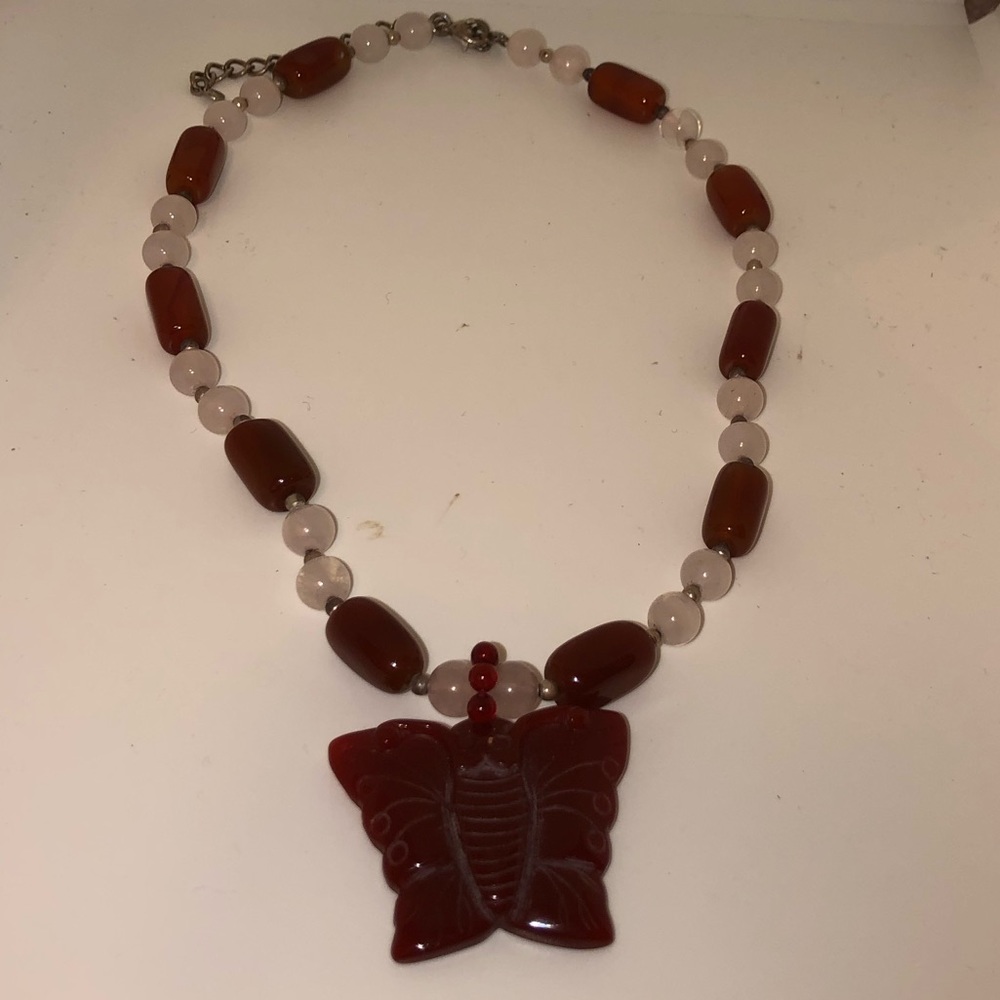 Carved Butterfly Pendant  and Bead Necklace